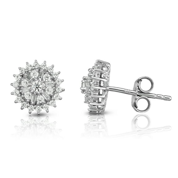 Natalia Drake Round Baguette Cluster 1/2 Cttw Diamond Stud Earrings for Women in Rhodium Plated 925 Sterling Silver