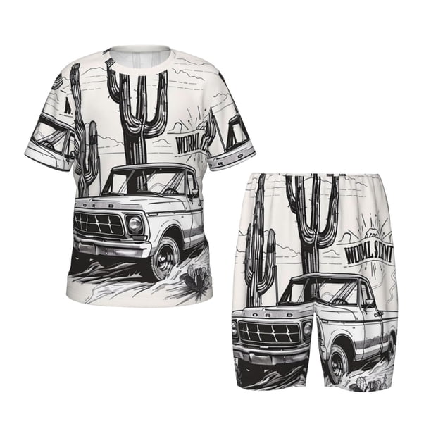 Balery Vintage Cactus Pickup Conjunto de Pijama Infantil de Manga Corta con Estampado – Ropa de Dormir de Algodón Suave-Large