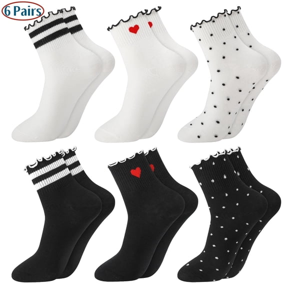 Bocaoying 6 Pairs Women Casual Ruffle Socks, Assorted Black White Ruffle Socks Girls, Breathable and Comfortable Cotton Knit Crew Sock Heart Design
