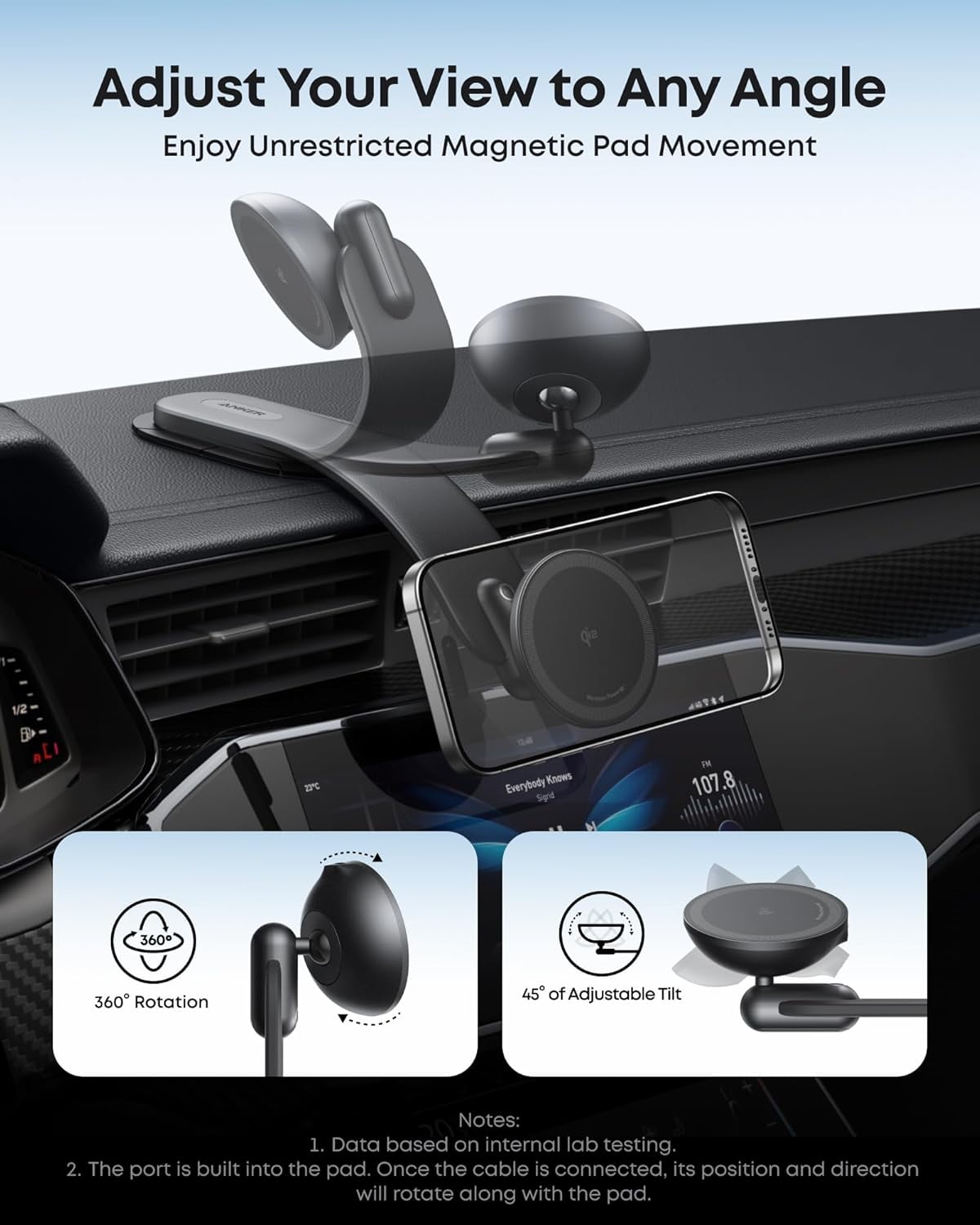 Anker Nano Magnetic Wireless Car Charger, 360° Adjustable Mount Car Charger with Detachable Pad