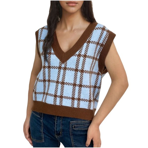 Fjofpr 50% off Clear! Sweater Vest Women Plaid Women's New Plaid Sweater V-neck Knitted Sweater Top