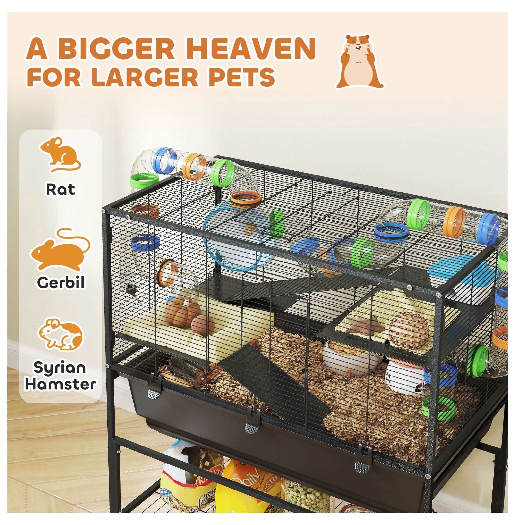 Hamster Cage 3 Tier, Rolling Rat Cage with Deep Tray, Exercise Wheel & Hut - Spacious Small Animal Habitat for Syrian Hamsters, Gerbils