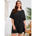 thumbnail image 3 of SHOWMALL Women's Plus Size 2 Piece Outfit Sets, Black 1X Short Sleeve Side Split Tunic Tops and Biker Shorts Sets, Summer Soft Loungewear, 3 of 8