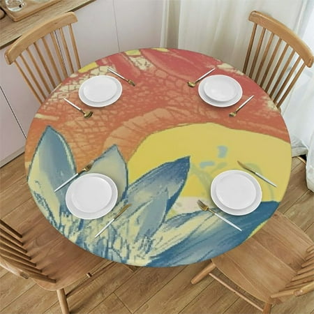 

HAOXIT Decorative Round Fitted Tablecloth Print Elastic Edged Polyester Table Pad Boho Style Plants and Spiritual Print Fabric Table Cover Fits Round Table for Kitchen Dining Party Holiday 38-42