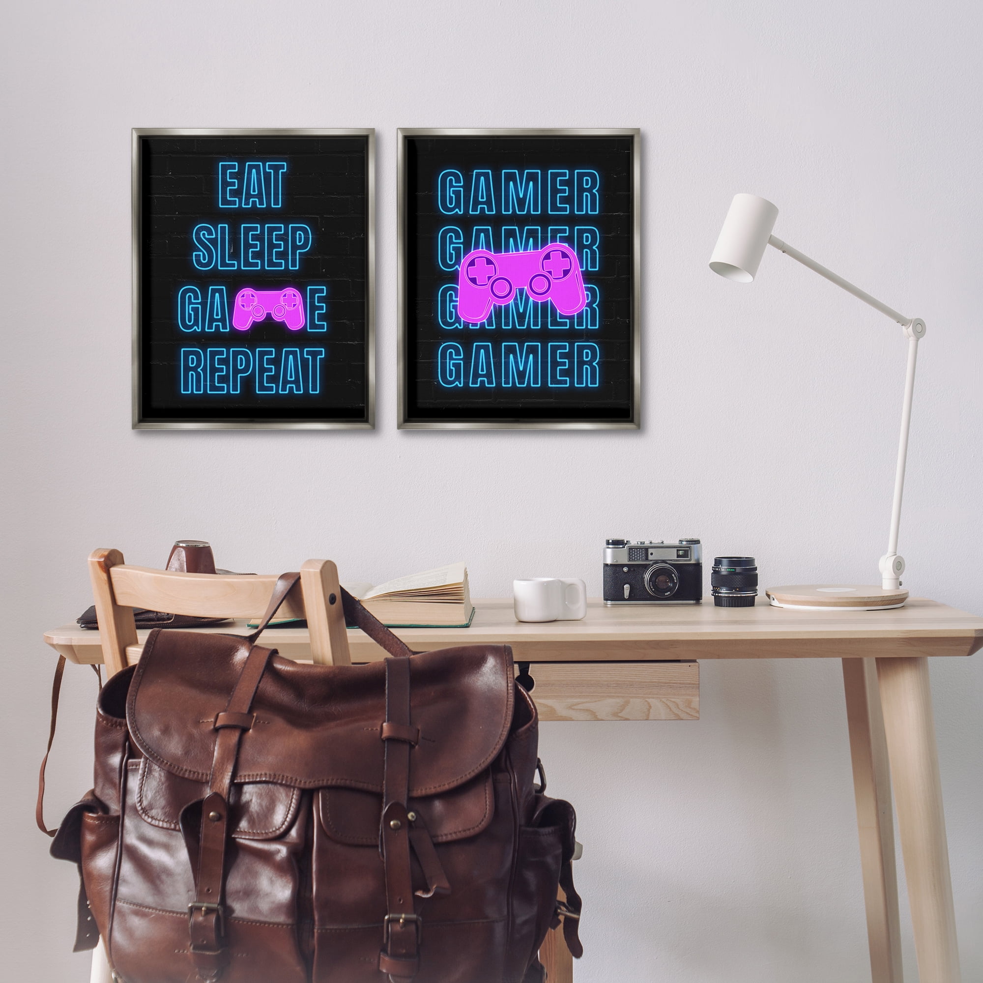 Stupell Industries Neon Gamer Eat Sleep Entertainment Painting Gray Floater Framed Canvas Art Print Wall Art, 17 x 21, Set of 2