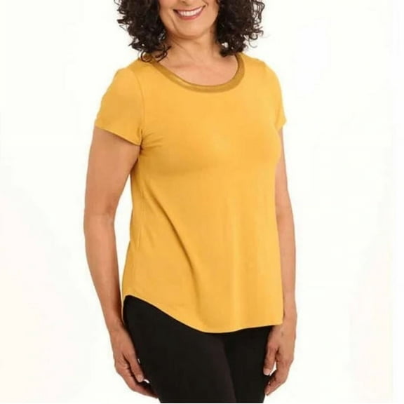 Joan Vass New York Women Size Large, Short Sleeve Satin Collar Top, Marigold