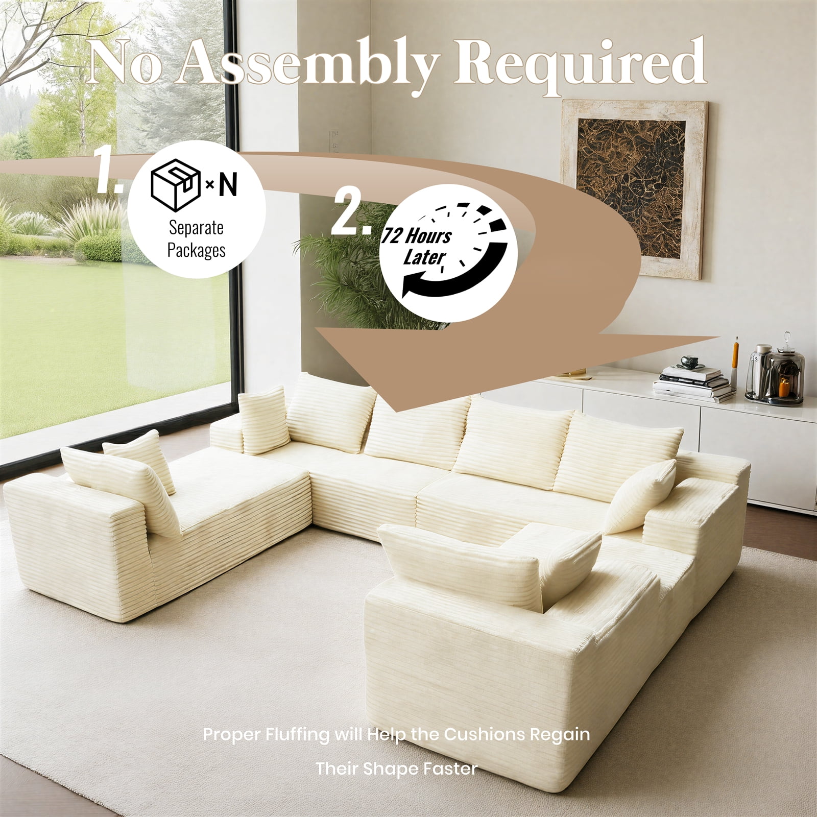 Kelyda 139'' U Shaped Sectional Couches, Modern Modular Boneless 8 Seater Large Foam Cloud Sofa Beige