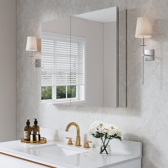 ANGELES HOME 36" x 30" Rectangle Medicine Cabinet Mirror, Surface Mount or Recessed Medicine Cabinet with Tempered Mirror, Anodized Aluminum Frame, Bathroom Mirror with Storage