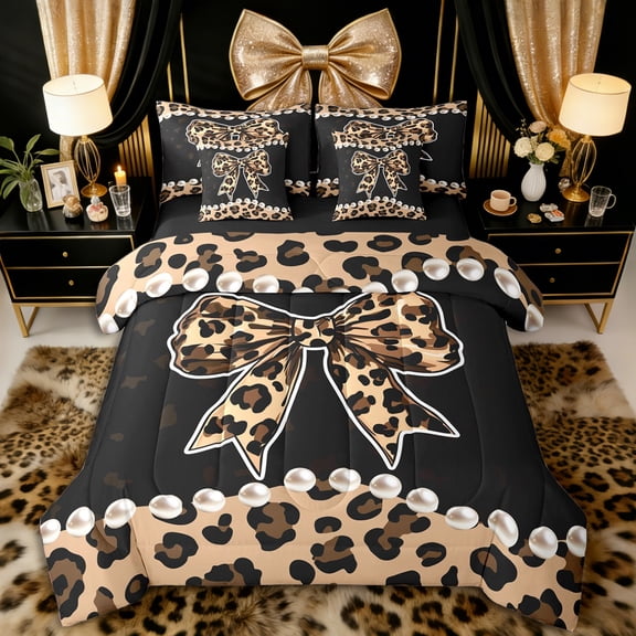 Erosebridal Girls Vintage Cheetah Print Bow Twin Bedding Sets 7-Piece,3D Pearl Print Bedding Comforter Set for Teens,Black Reversible,Microfiber Bedroom Decor