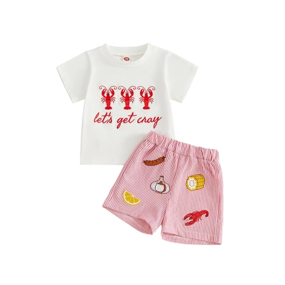 BemeyourBBs Toddler Baby Boys Summer Clothes Infant Baby Boy Crayfish Outfits Lobster Letter Embroidery Short Sleeve T-Shirts Elastic Waist Stripe Shorts Set Toddler Boys Summer Outfit