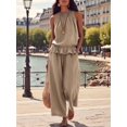 thumbnail image 5 of Women's Linen 2 Piece Outfits Sleeveless Ruffle Top Wide Leg Pants Summer Loungewear Beach Sets Khaki XL, 5 of 8