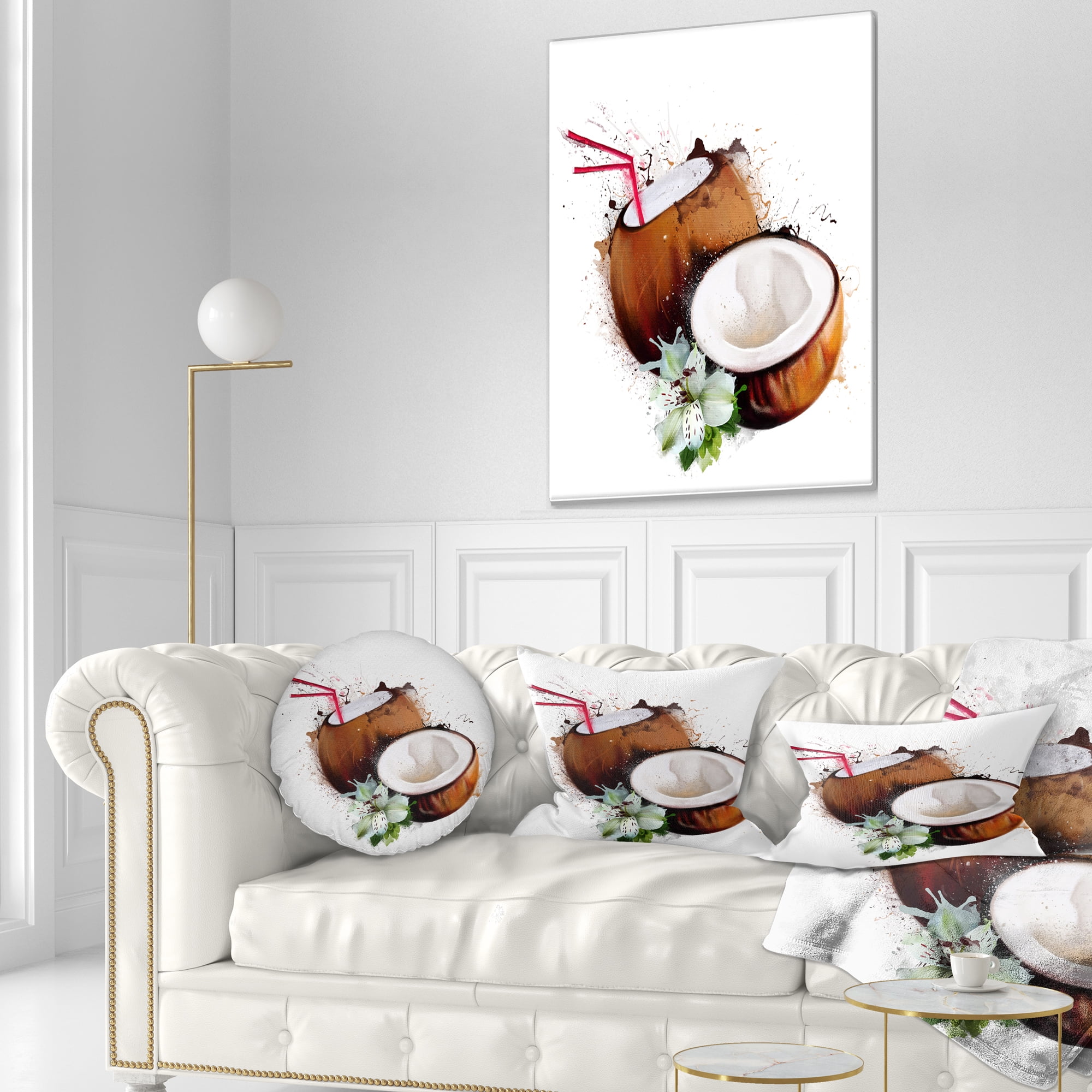 Designart Coconuts with Straw Watercolor - Floral Throw Pillow - 12x20