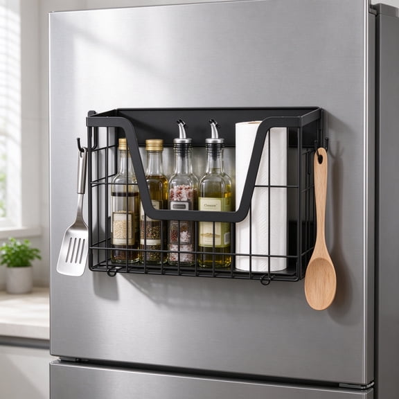 Asoricing Magnetic Spice Rack for Refrigerator, Foldable No-Drill Shelf with Hooks, Black Storage