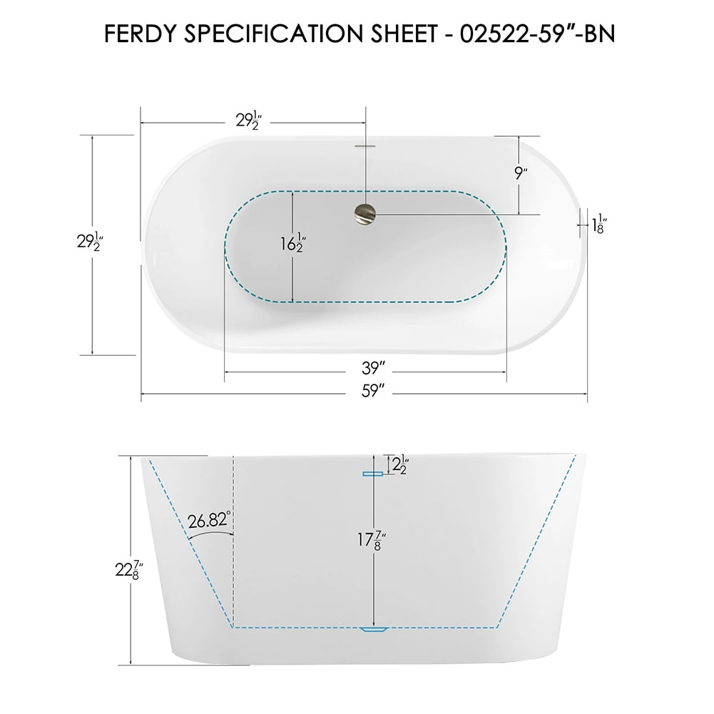 Kepooman Modern Stand Alone Soaking Tub with Brushed Nickel Drain & Overflow Hole, 59 x 29.5in Kepooman Modern Stand Alone Soaking Tub with Brushed Nickel Drain & Overflow Hole, 59 x 29.5in