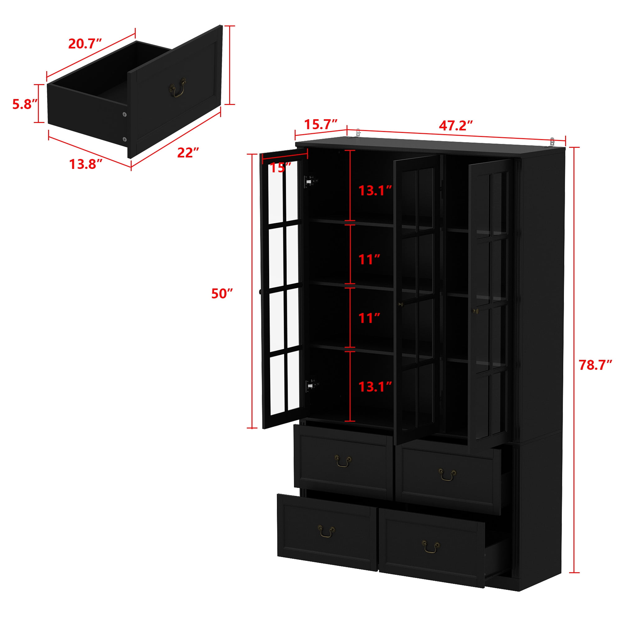 KULAGAGA 78.7" H Kitchen Pantry Cabinet with 4 Drawes, Display Storage Cabinet Bookcase for Home Office,Black