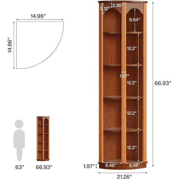 5-Tier Corner Shelf, 67-Inch Tall Bookcase with Storage for Living Room