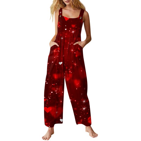Fgvctg Valentine's Day Jumpsuits for Women Dressy Sleeveless Date Night Spaghetti Straps Overall Cute Wide Leg Pant Love Heart Print Bib Overalls Rompers Sprimg Pants With Pockets Deep Red L