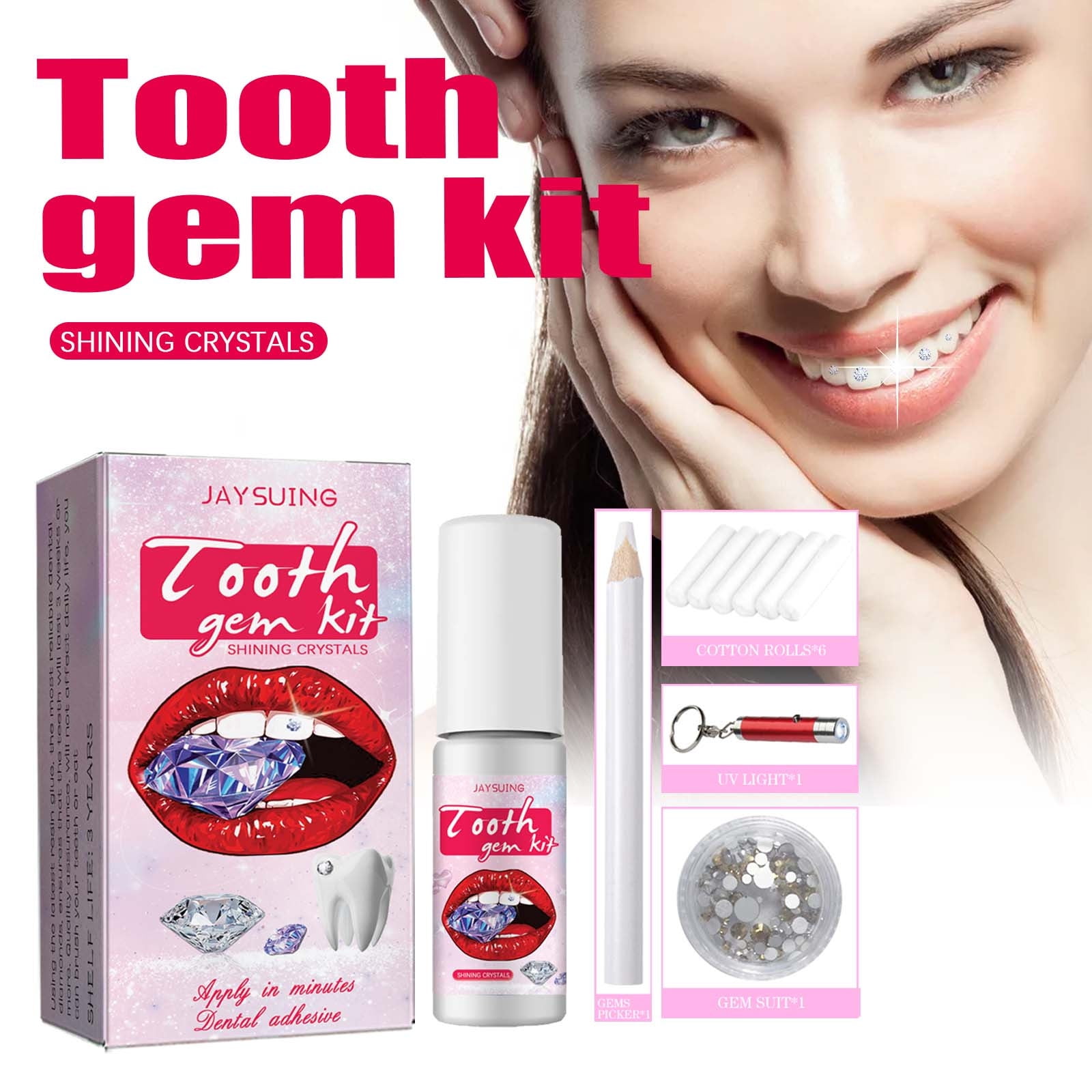 Yayiaclooher Tooth Gem Kit - DIY Tooth Gem Kit with Curing Light and Glue, Crystals Jewelry Kit, Teeth Gems for Reflective Tooth Adornment Decoration, Women's