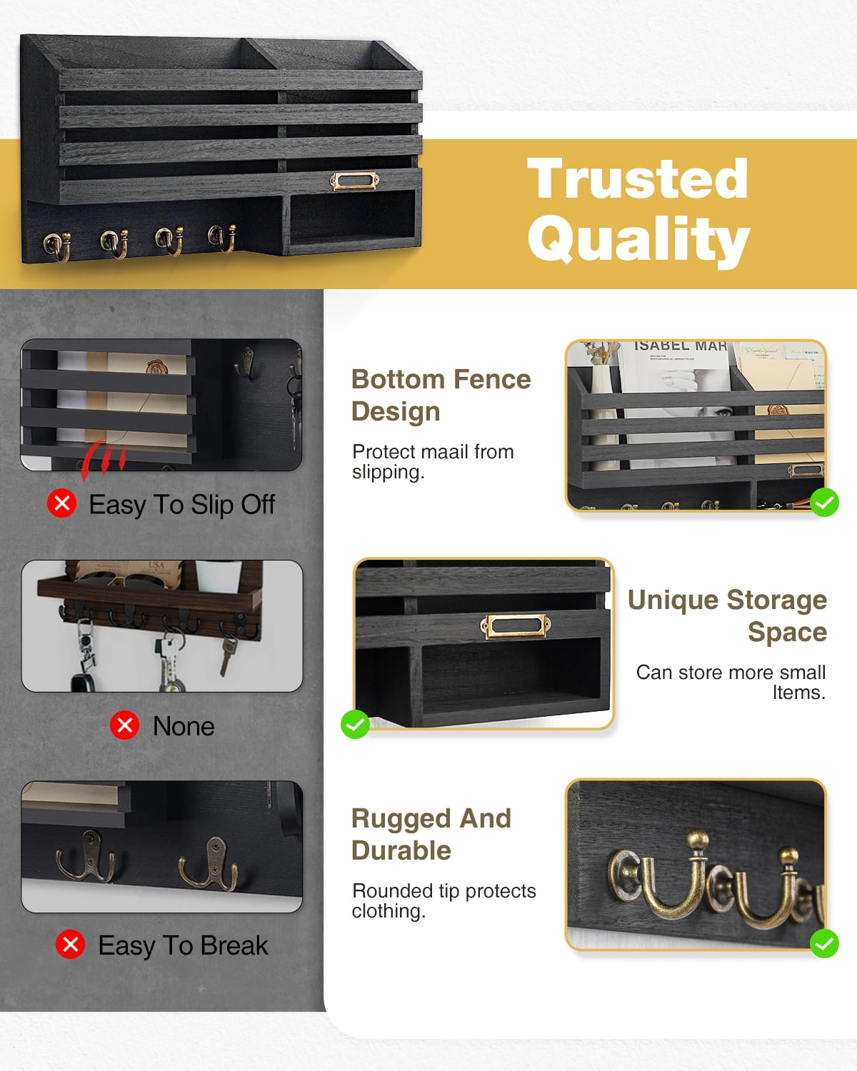 Key Holder for Wall,Dinosam Double Mail Organizer Wall Mount with Store Shelf and 4 Sturdy Hooks,Hanging Key Rack Hanger for Entryway, Hallway, Bedroom, Living Room and Office,Black