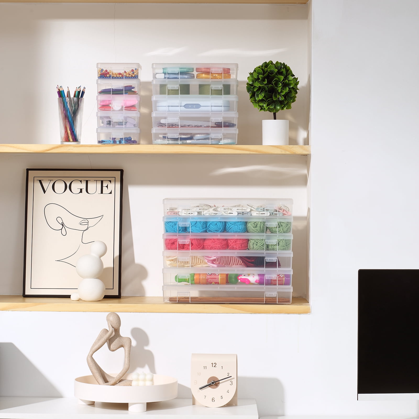 Novelinks 9 Pack Stackable Plastic Storage Box Containers Clear Hobby Art Craft Organizer Rectangle Box for Pencil Box Crayon Beads Jewelry,(3 Small + 3 Medium + 3 Large)