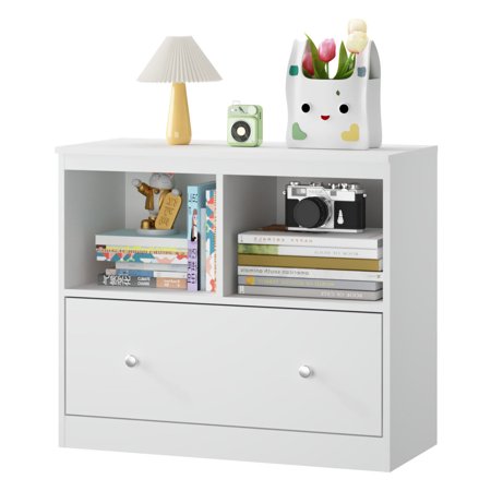 S-HOME Kids Storage Organizer with Large Drawer in White Wooden Bookshelf for Nursery & Playroom for Toys and Books Organization