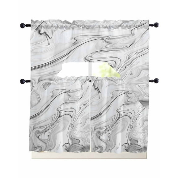 White Gray Marble Kitchen Curtains Sets 36 Inch Length with Valance, Modern Minimalist Abstract Texture Swag Valances and Tiers Curtain Set Drapes Swag Curtains for Living Room, Bathroom, Bedroom