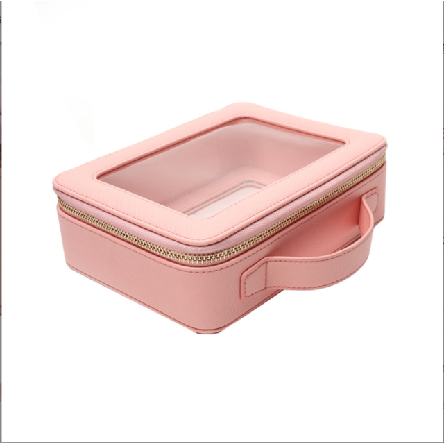 Bolsa de maquillaje transparente con cremallera, estuche de viaje para cosméticos, organizador de belleza para mujeres y niñas, kits de bolsa de maquillaje de piel Saffiano resistente con ventanas tr Namotu CRMR-ST25