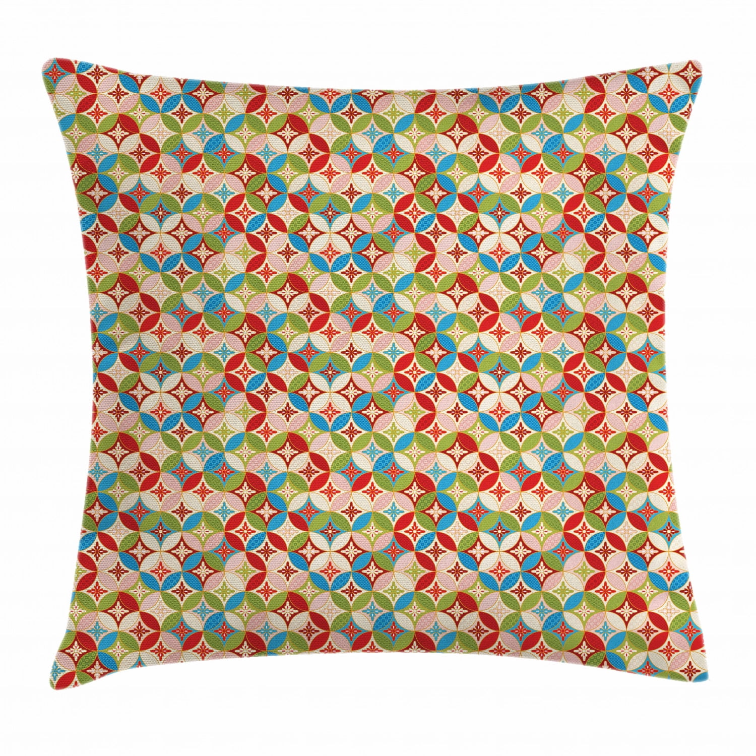 Geometric Throw Pillow Cushion Cover, Japanese Interlocking Pattern with Circles and Flower