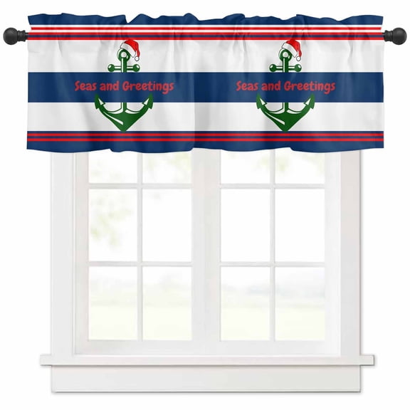 Christmas Valances for Windows, Anchor Blue Red Striped Christmas Hat Light Filtering Window Treatment Valances, Rod Pocket Small Curtains for Kitchen/Bathroom, 42"x18"