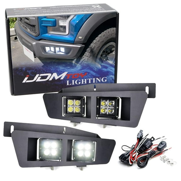 Complete 80W Dual-Cubic High Power LED Lower Bumper Fog Light Kit For 2017-2020 Ford Raptor, Includes (4) 20W LED Pods, Hidden Bumper Opening Mounting Brackets & Relay Harness