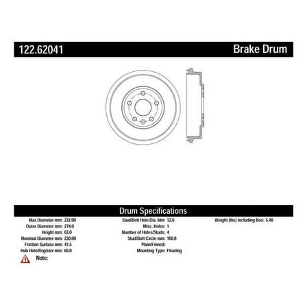 Centric Parts Brake Drum P/N:122.62041 Fits select: 2015-2019 CHEVROLET TRAX, 2012-2014 CHEVROLET SONIC