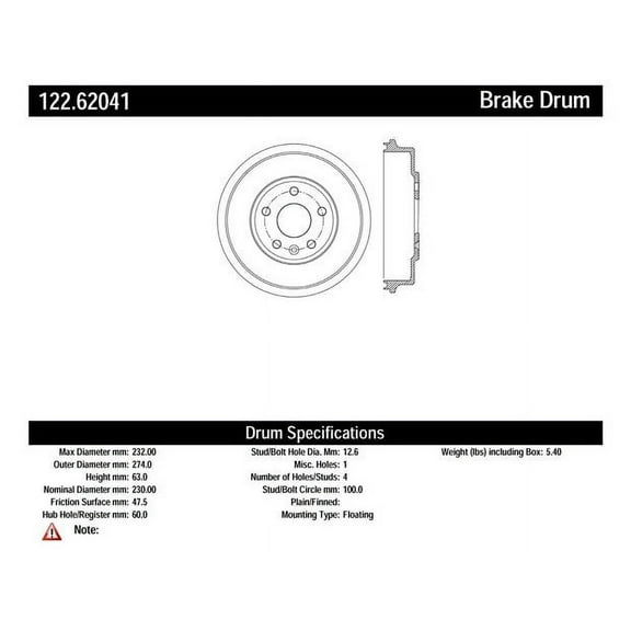 Centric Parts Brake Drum P/N:122.62041 Fits select: 2015-2019 CHEVROLET TRAX, 2012-2014 CHEVROLET SONIC