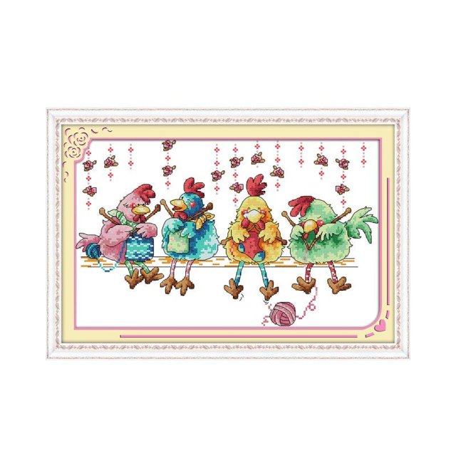 The chicken knitting a sweater cross stitch kit cartoon bird pattern print canvas stitches embroidery DIY handmade needleworkCotton thread Gao Jinjia LED