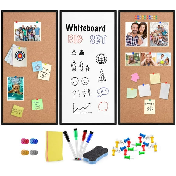 Cork Board and Whiteboard Combination Board for Wall, 3-Pack 12" X 24", Black Framed Dry Erase White Cork Board