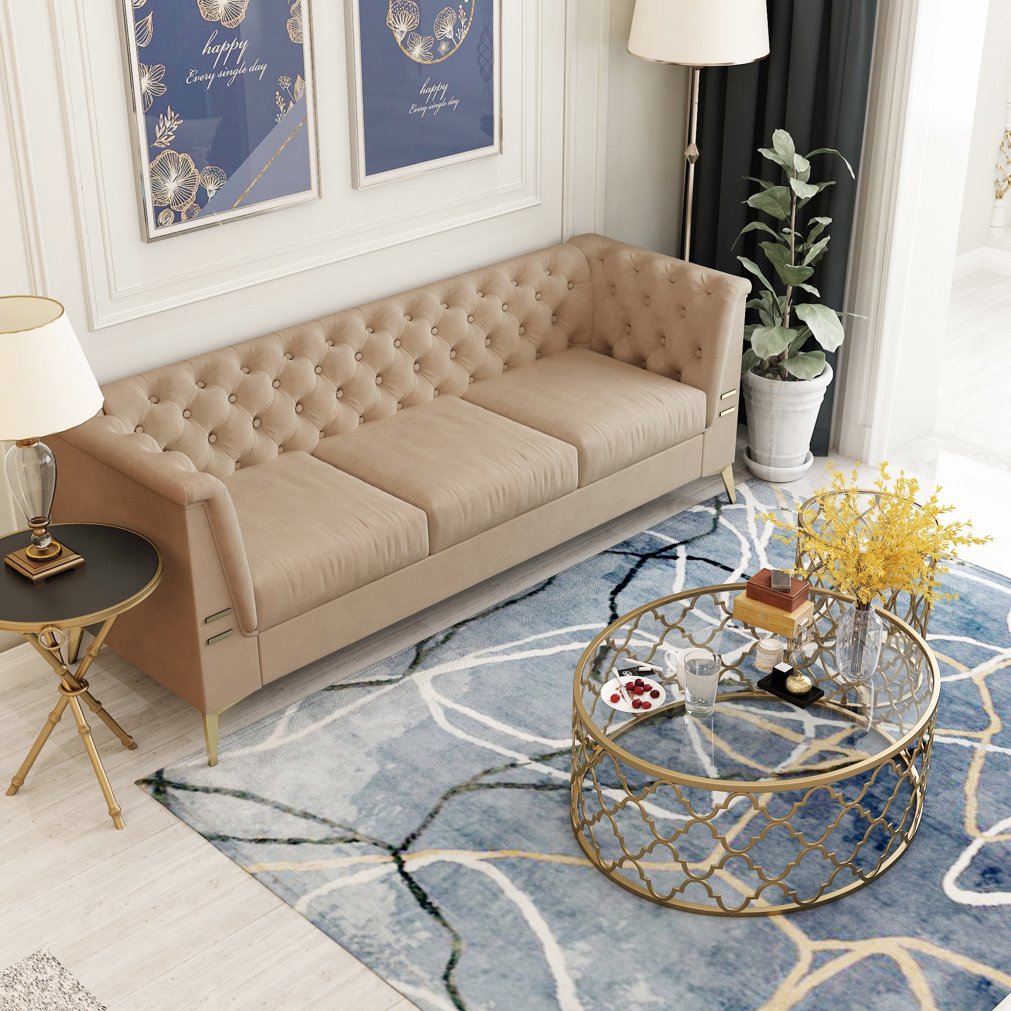Private Jungle 3-Seater Velvet Sofa Couch with Square Armrest,Tufted Back Seat Cushion,Golden Metal Legs, Modern Upholstered Futon Sleeper Sofa,khaki Private Jungle 3-Seater Velvet Sofa Couch with Square Armrest,Tufted Back Seat Cushion,Golden Metal Legs, Modern Upholstered Futon Sleeper Sofa,khaki