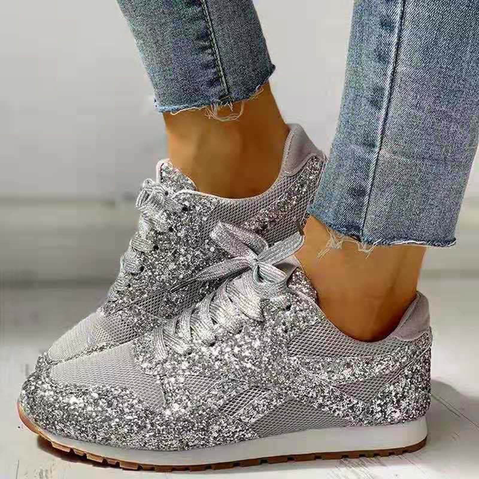 EQWLJWE Women's Fashion Casual Breathable Crystal Bling Lace Up Sport ...