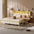 thumbnail image 1 of WXXRRR Full Size Bed Frame with Headboard and Foldable Bedside Shelves Storage, LED Platform Bed Frame with Charging Station, Non Slip Metal Bed Frame, Noise Free, Easy Assembly, White Oak, 1 of 18
