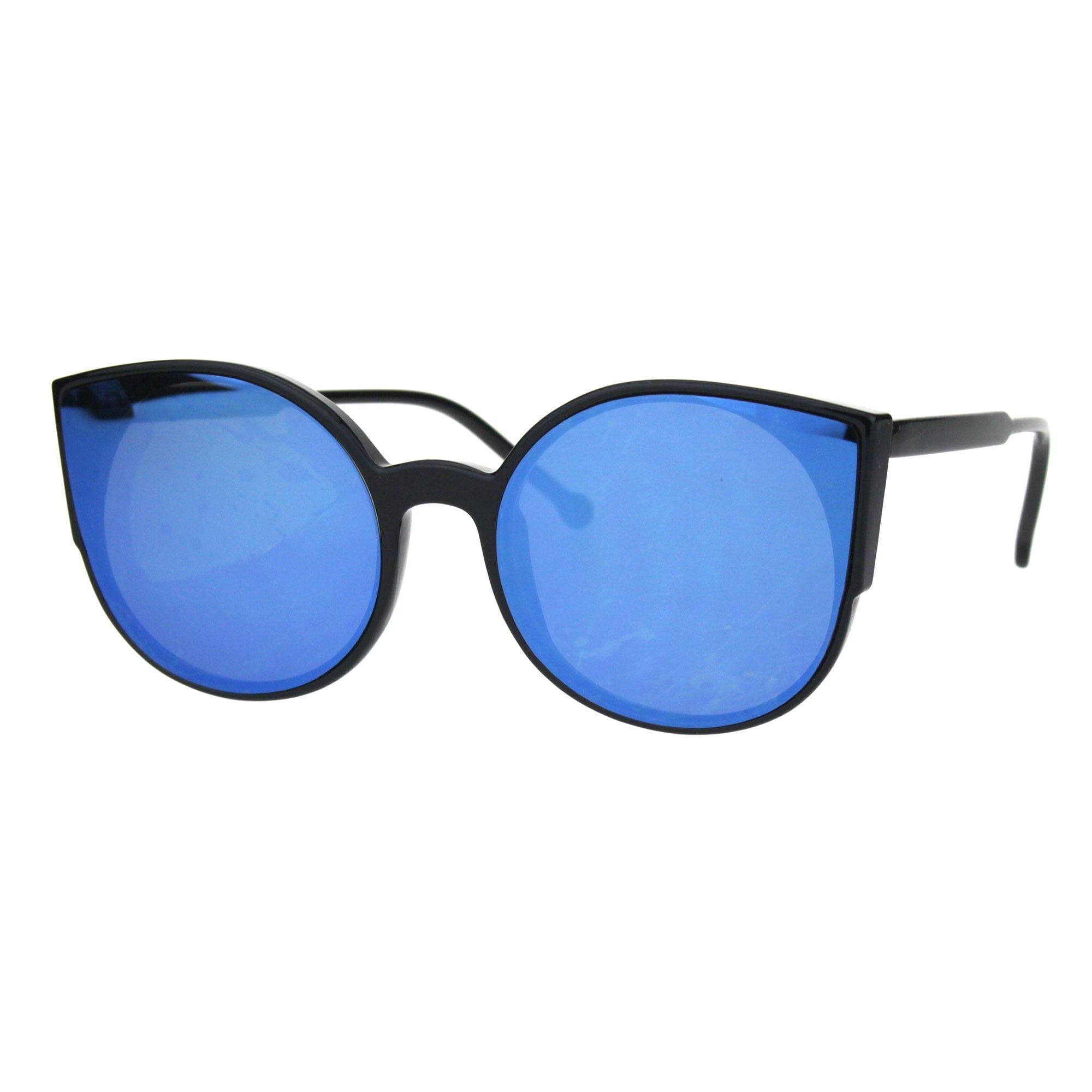 Womens Color Mirror Mod Round Circle Lens Retro Cat Eye Plastic Sunglasses Black Blue