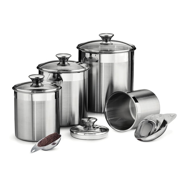 Tramontina Ensemble de 8 Récipients et Pelles en Acier Inoxydable avec Couvercles en Verre, Lavable au Lave-Vaisselle, pour Marchandises, Farine, Collations et Pâtes