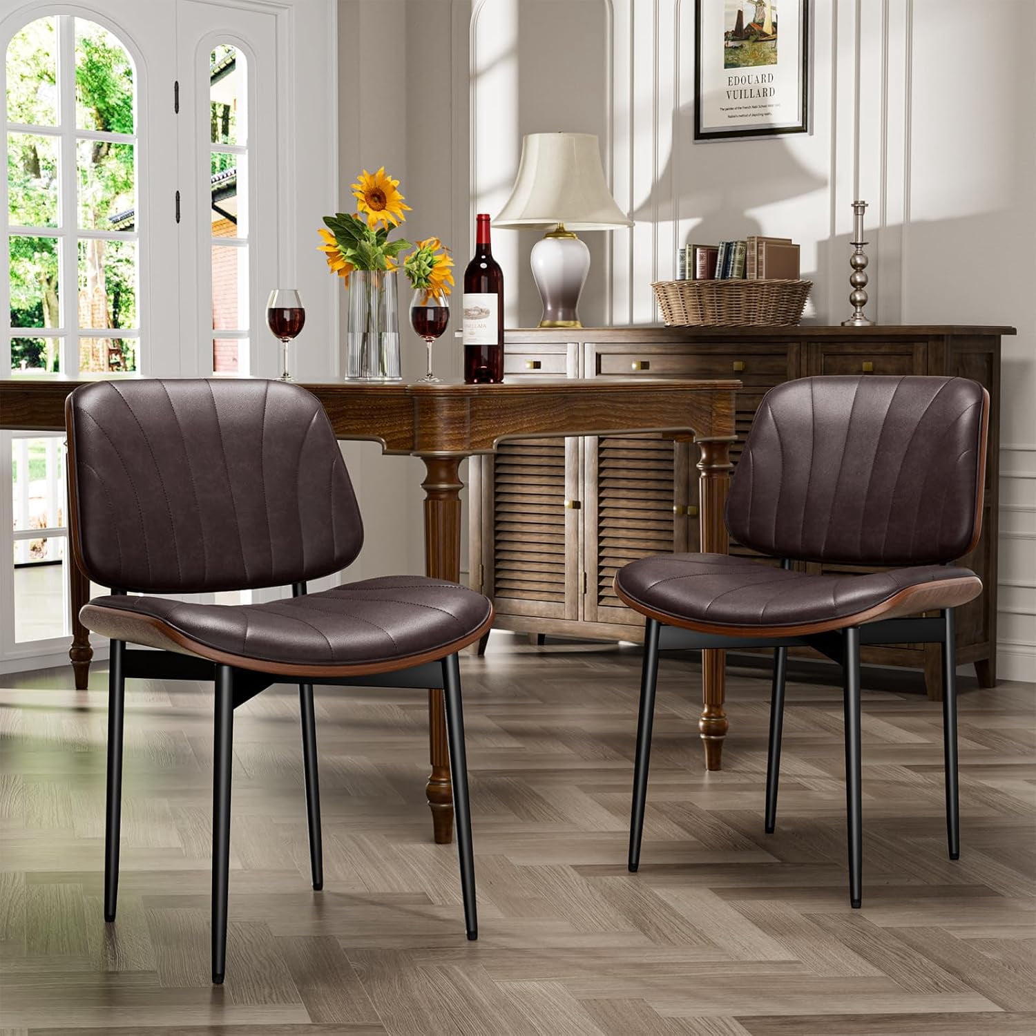 GIKPAL Dining Chairs Set of 6 PU Faux Leather Walnut for Mid-Century Modern Kitchen & Dining Room,Brown