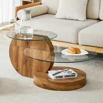 JUFU 35.4" Glass Coffee Table, Modern Round Coffee Table with MDF Base, 2-Tier Tempered Glass Top, Easy to Assemble, Ideal for Living Room, Small Space, Home Office