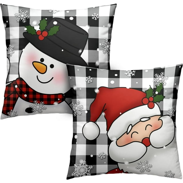 Set of 4 Winter Gift Checkerboard Grid Christmas Decor Throw Pillow Cover Snowflake Let It Snow Believe Xmas Tree Cotton Linen Square Checkered Cushion Case for Sofa 18 Inches (Checkered Set)