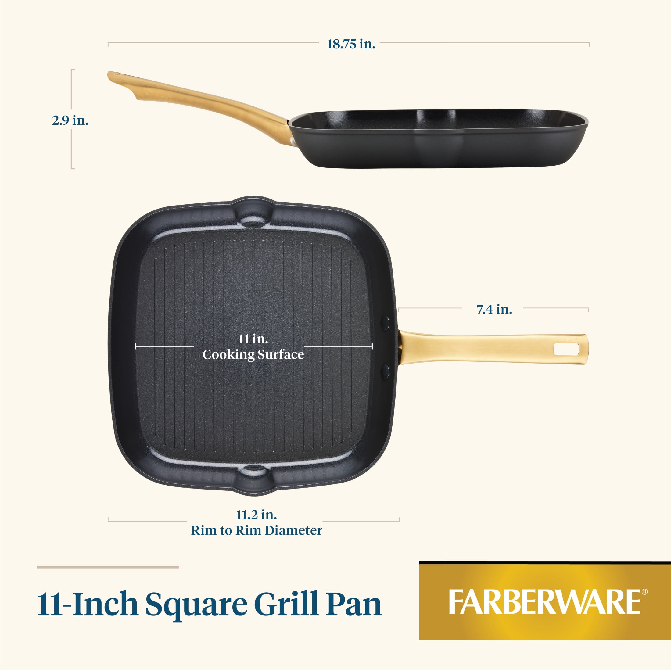 Farberware Forged Induction 11 Inch Ceramic Nonstick Square Grill Pan, Dishwasher Safe and Oven Safe to 500°F, Black