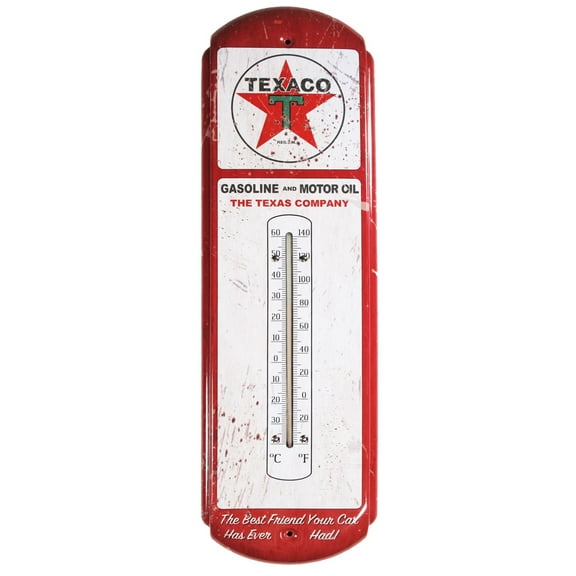 Vintage Red Texaco Gasoline and Motor Oil Metal Tin Thermometer 17 inch  - Rustic Wall Decor and Mercury Free Vertical Wall Temperature Monitor with Accurate Fahrenheit and Celsius Readings
