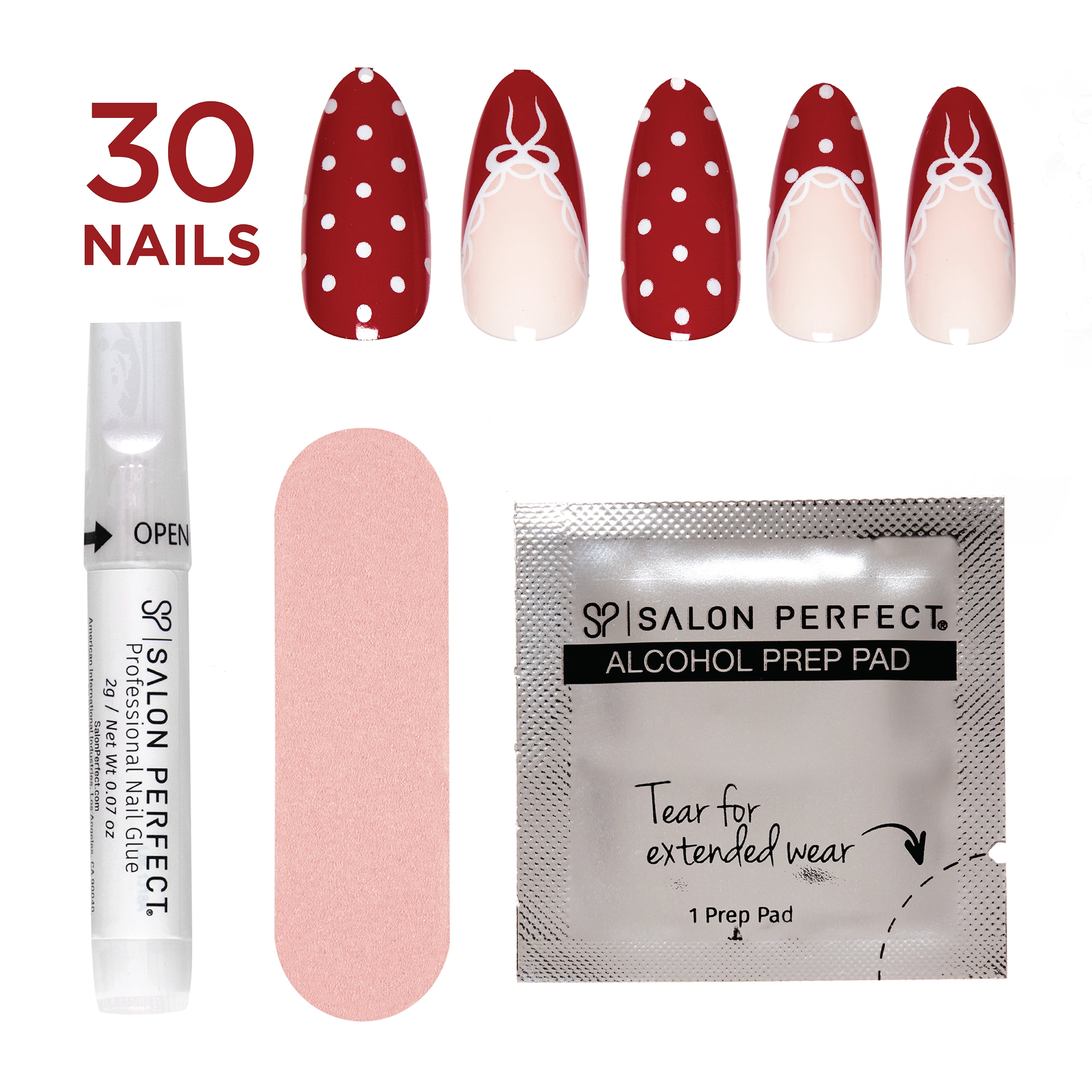 Salon Perfect Artificial Fake Press On Nails, 512 Modern Nostalgia, Polka Dot, Medium Almond, File, Glue and Prep Pad Included, 30 Nails