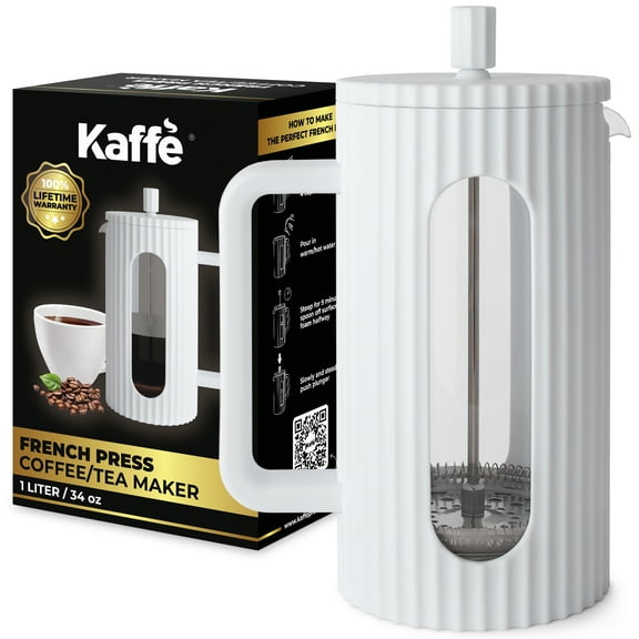 Kaffe Large French Press Coffee Maker. Double-Wall Stainless Steel Tea & Coffee Press with Extra Filter , White (1L)