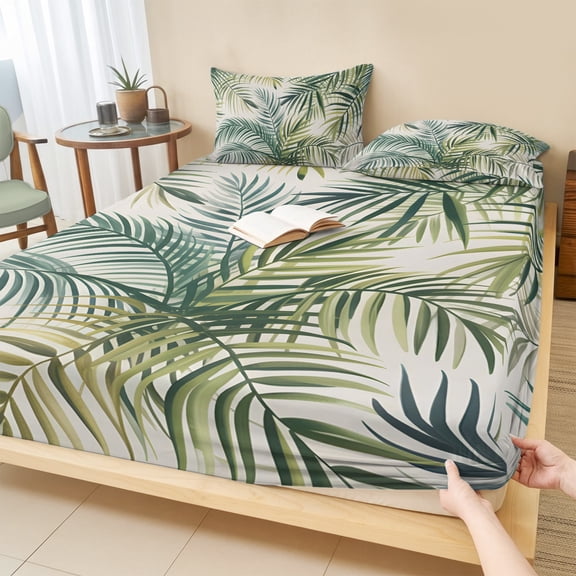 Queen Size Fitted Sheet Set - Palm Leaf 3 Piece Bedding Sets 16" Deep Pocket Fitted Sheet with 2 Pillowcases, Green Tropical Plant Summer Botanical Brushed Microfiber Hotel Luxury Bed Sheets