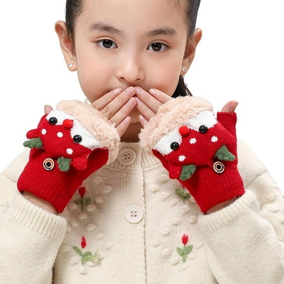 Kids Convertible Flip Top Gloves Cute Reindeer Knitted Gloves Fingerless Fleece Gloves for Boys Girls 3-8 Year