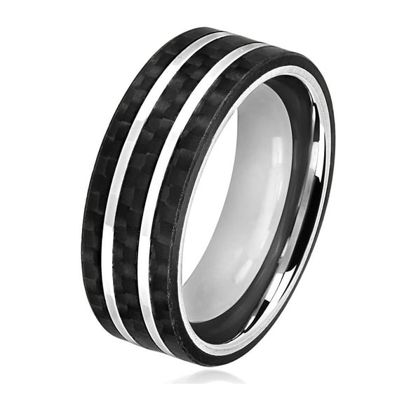 Crucible Jewelry Men's Striped Carbon Fiber Steel Ring (8mm)