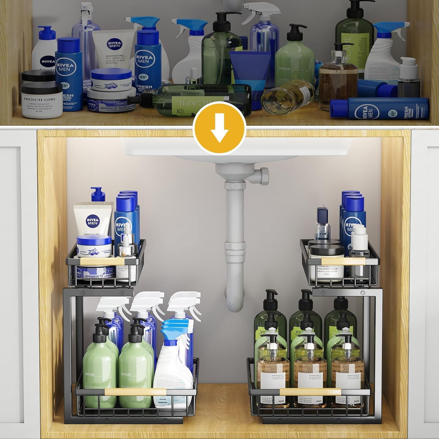 Under Sink Organizer and Storage, 2-Tier Pull Out Cabinet Organizers Shelf, Metal Sliding Drawers Shelves for Kitchen Bathroom Closet Organization, 2 Pack
